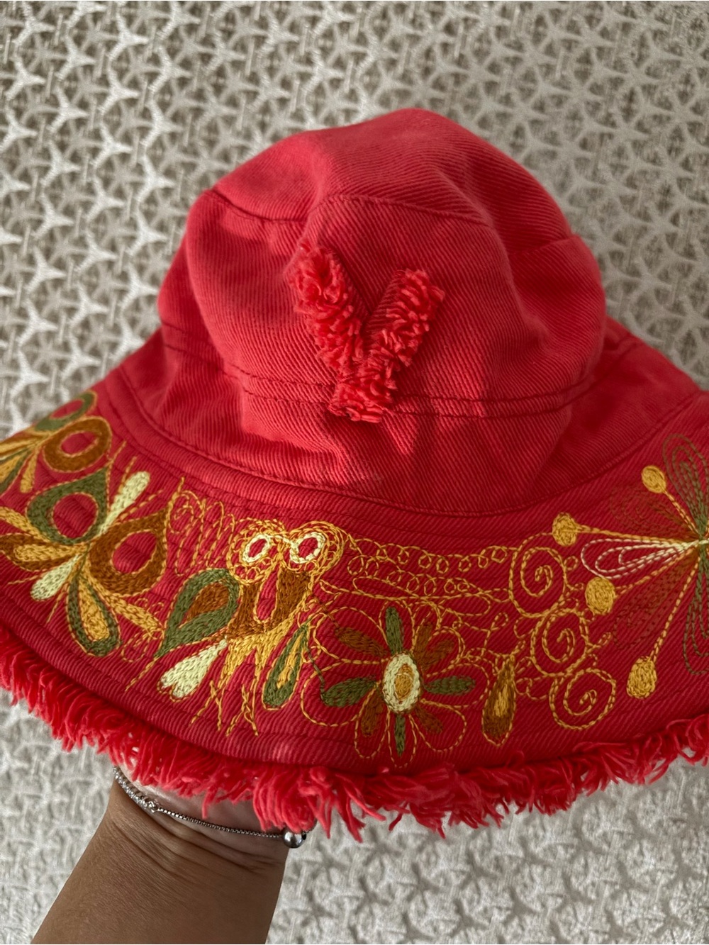 Red Embroidered Floral Sun Hat